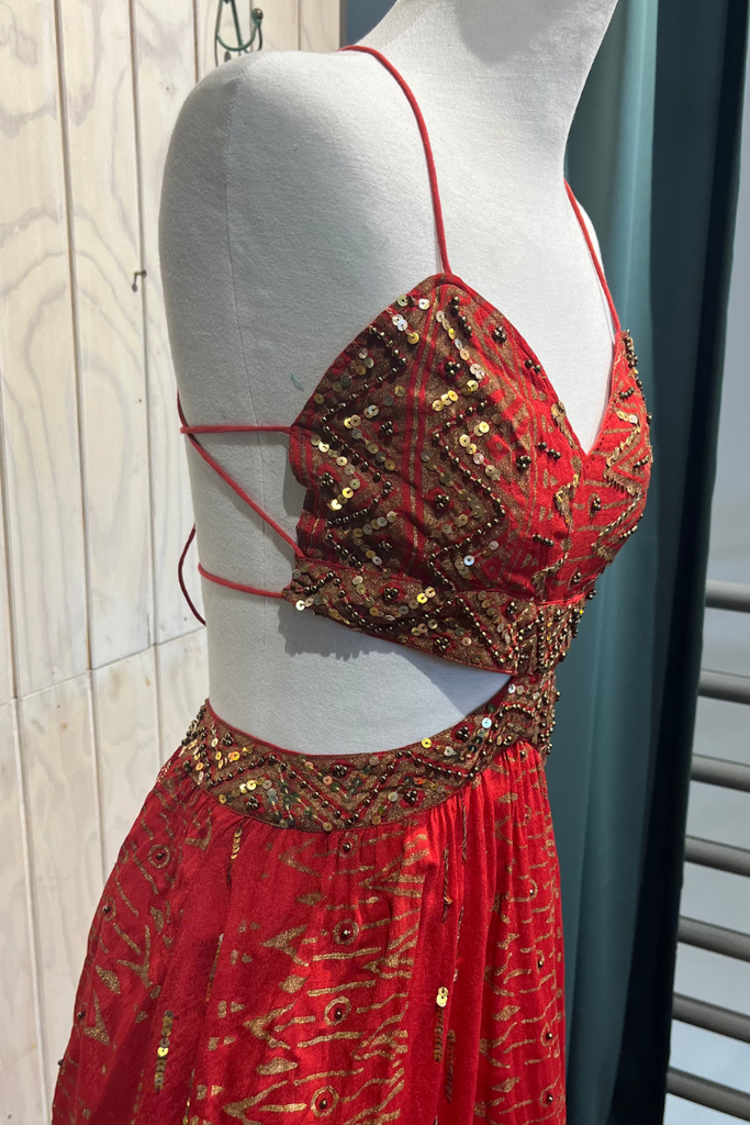 VESTIDO MINI BANI CON COLA ROJO TALLA XS