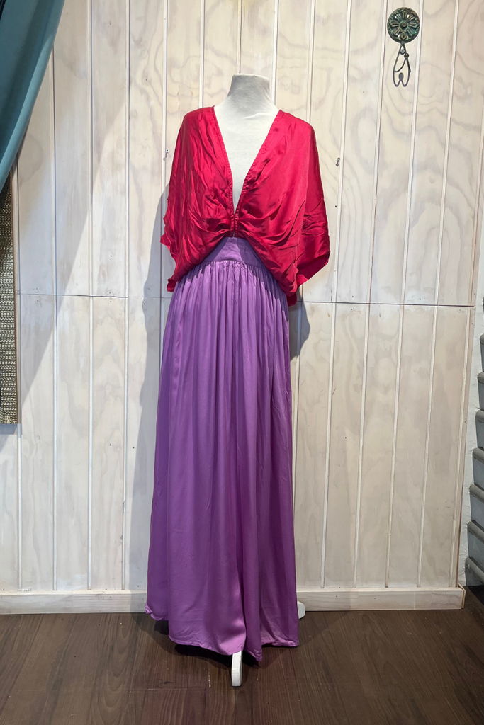 VESTIDO MAXI FUCSIA CON MORADO TALLA XS