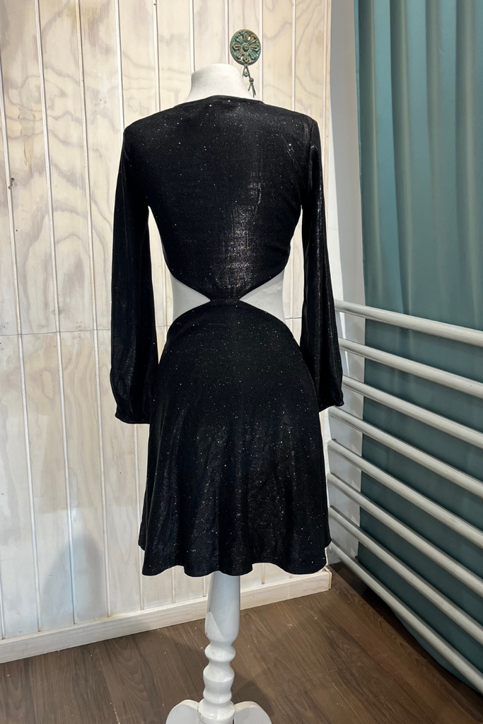 VESTIDO MINI NEGRO CON BRILLOS MANGA LARGA TALLA XS
