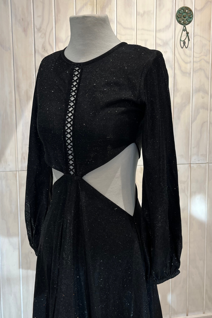 VESTIDO MINI NEGRO CON BRILLOS MANGA LARGA TALLA XS