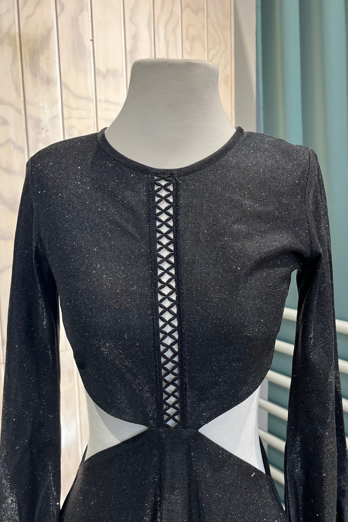 VESTIDO MINI NEGRO CON BRILLOS MANGA LARGA TALLA XS