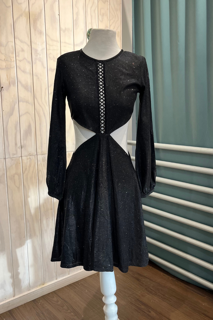 VESTIDO MINI NEGRO CON BRILLOS MANGA LARGA TALLA XS