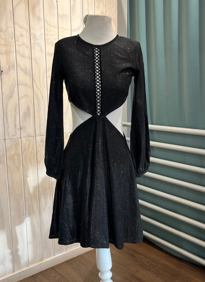 VESTIDO MINI NEGRO CON BRILLOS MANGA LARGA TALLA XS